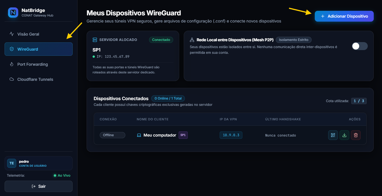 Adicionar cliente Wireguard no painel NatBridge
